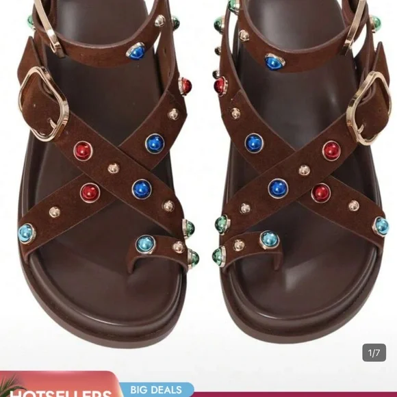 Women's Brown Studded Multi-Color Gem Strap Sandals bohemian gladiator. - Picture 2 of 6